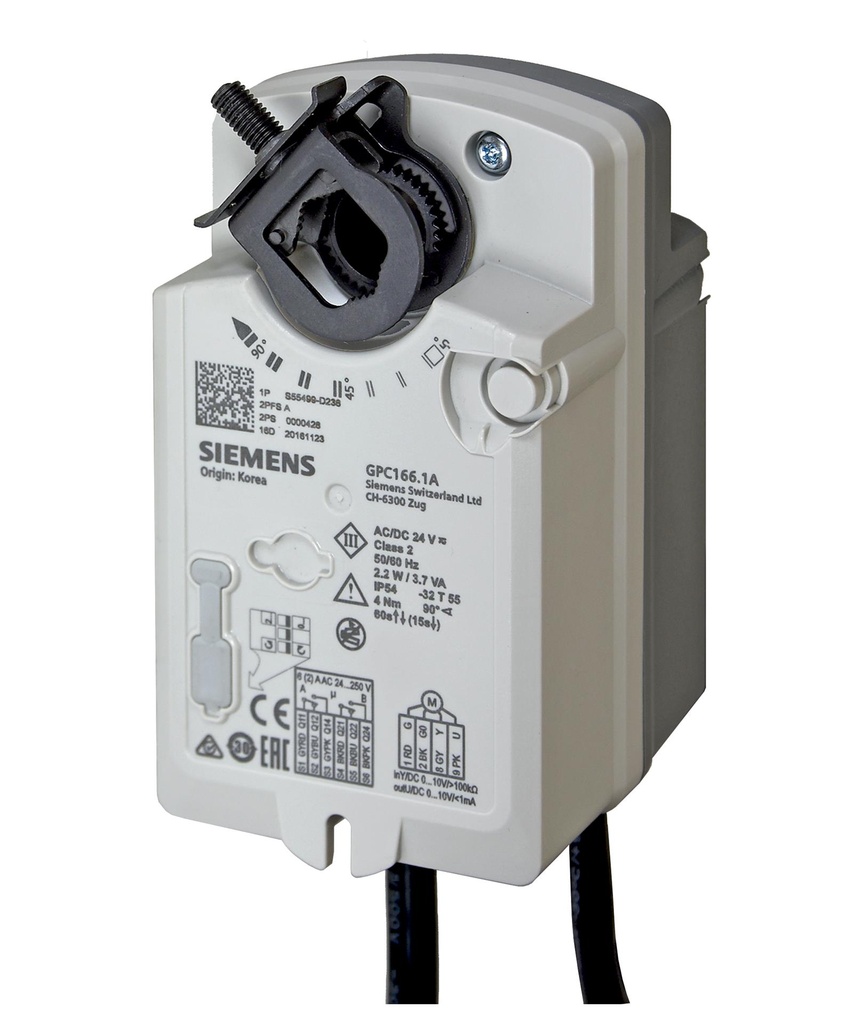 Servomoteur de clapet d'air rotatif, AC/DC 24 V, DC 0...10 V, 4 Nm, retour par ressort 60/15 s, 2 interrupteurs auxiliaires