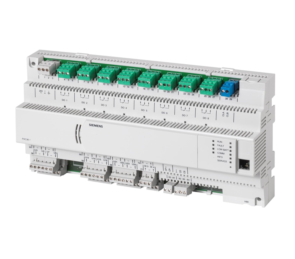 Régulateur compact avec 36 points physiques et interface PPS2,communications BACnet/LonTalk, extensible avec des modules d'E/S